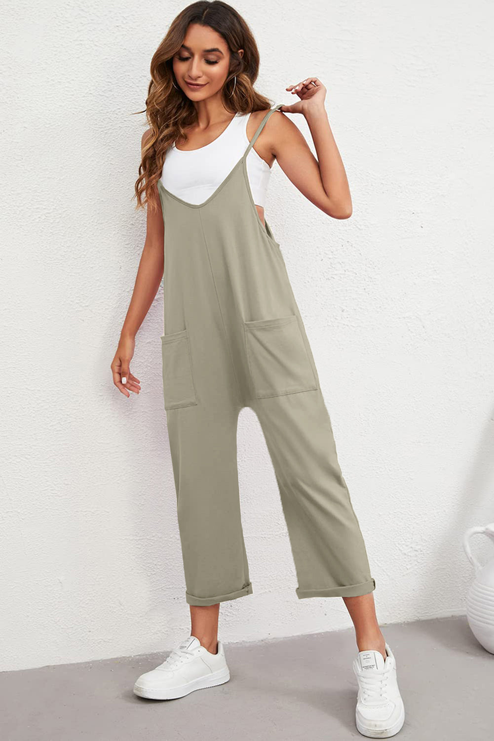 Pocketed Adjustable Spaghetti Strap Straight Leg Jumpsuit | Green