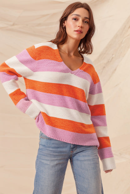 Colourblock V Neck Casual Sweater | Orange Stripe