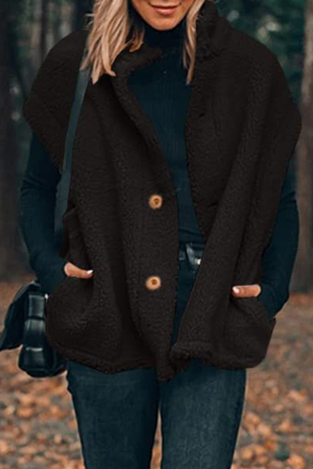 Sherpa Stand Collar Jacket Vest | Black