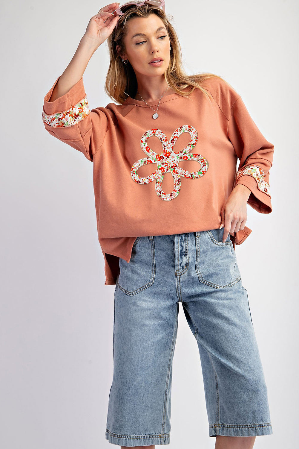 Flower Patch Graphic Exposed Seam Wide Sleeve Top | Grapefruit Orange