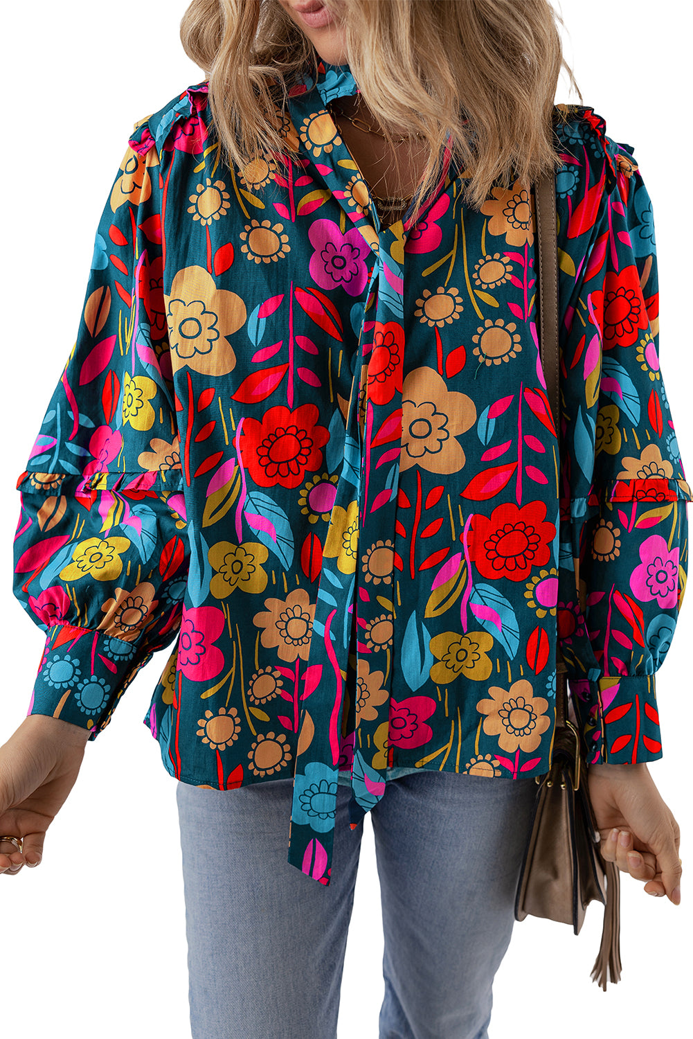 Floral Knot Split Neck Puff Sleeve Blouse | Green