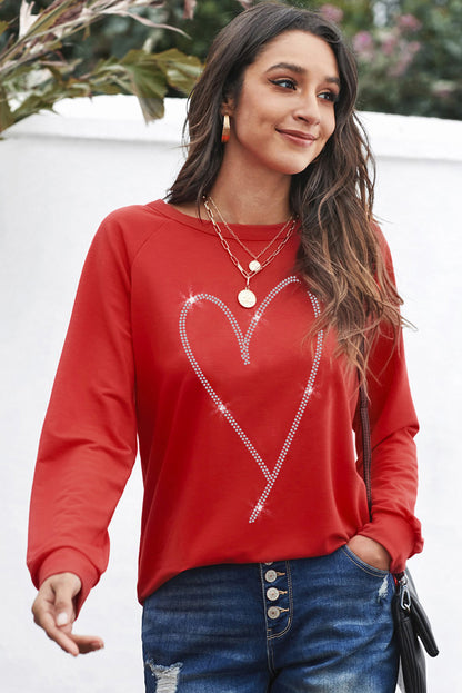 Fiery  Rhinestone Heart Shaped Long Sleeve Sweatshirt | Red