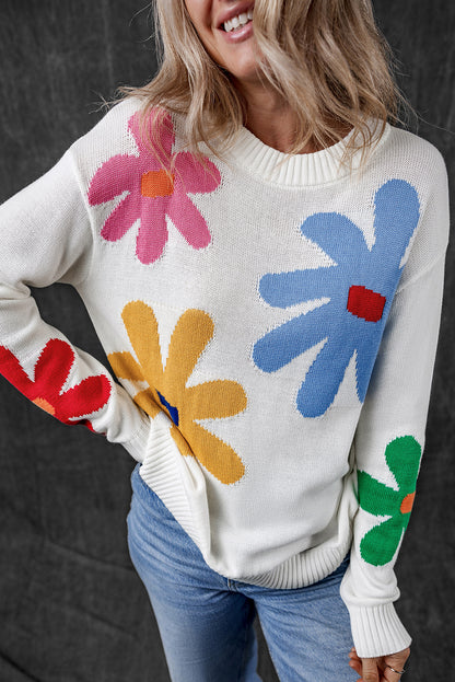 Colourful Big Flower Pattern Crewneck Sweater | White