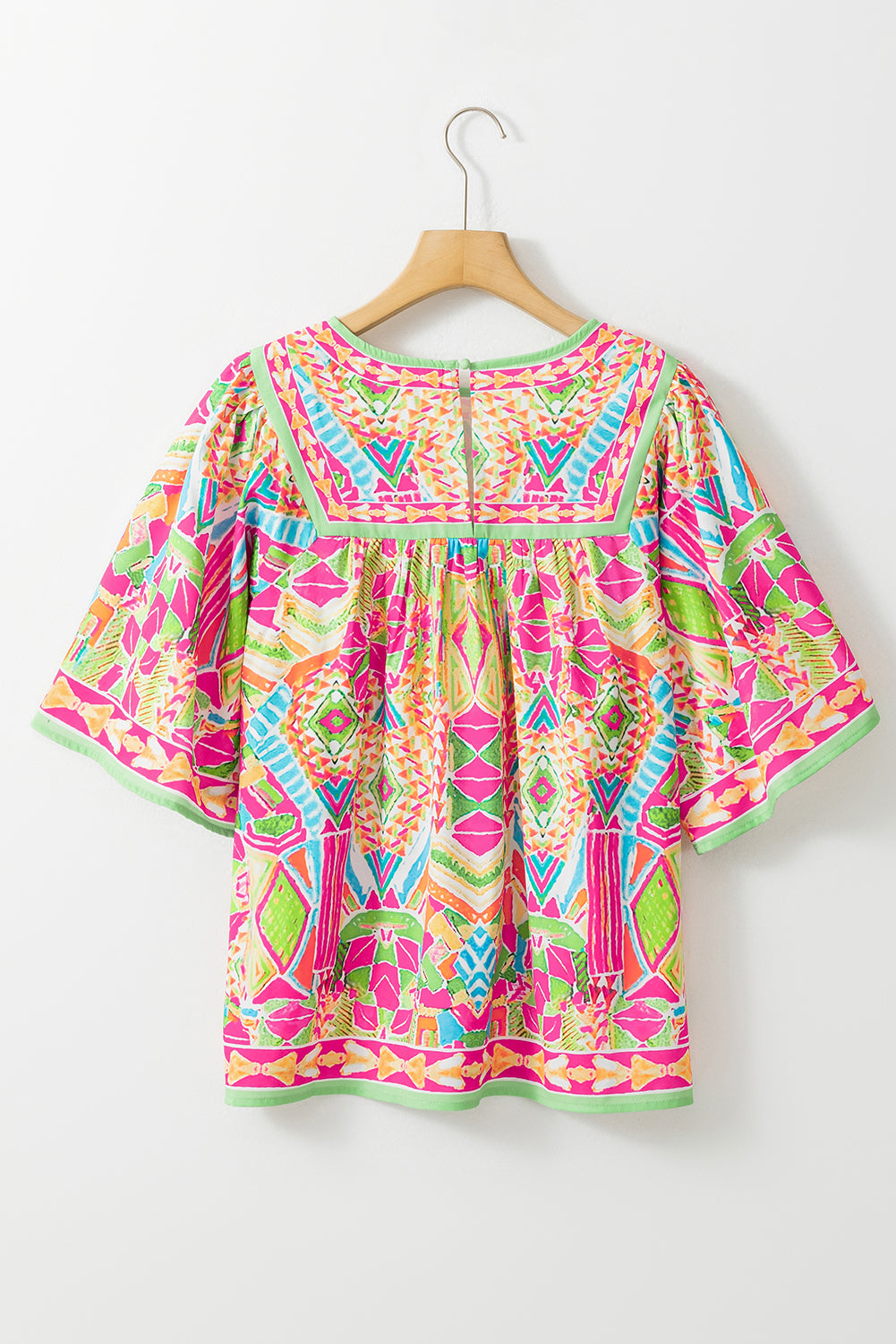 Geometric Print Bell Sleeve O Neck Babydoll Blouse | Orange