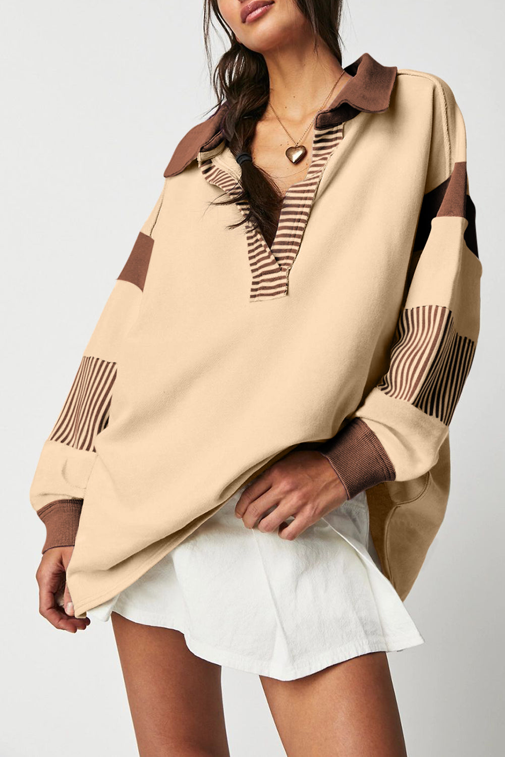 Striped Colourblock Patchwork Collar Sweatshirt | Light French Beige