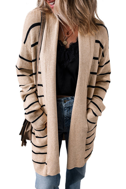 Shawl Neckline Open Cardigan With Pockets | Black Stripe