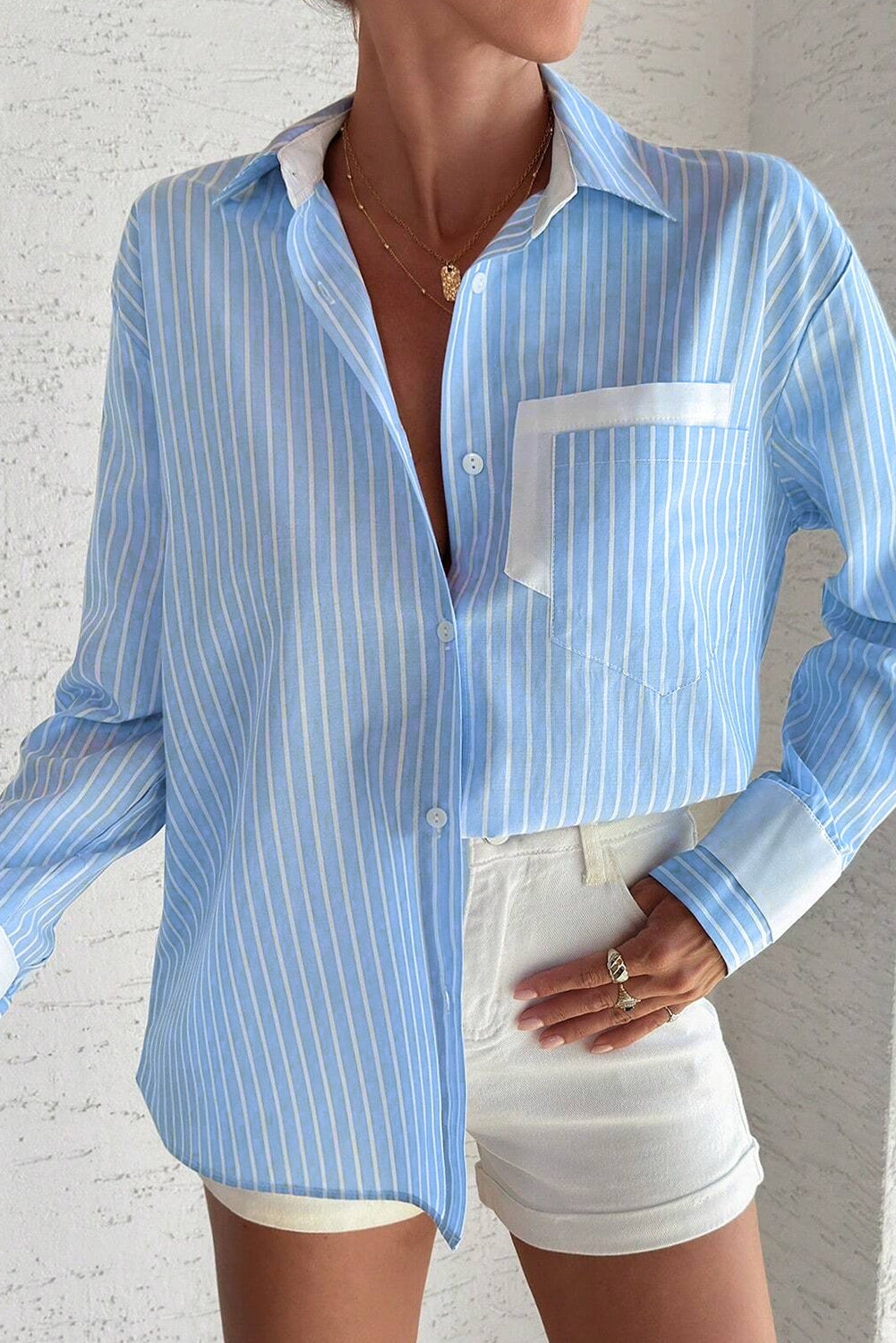 Contrast Patch Pocket Cuffed Sleeve Casual Shirt | Sky Blue Stripe