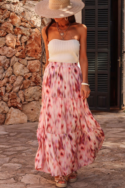 Abstract Watercolour Tie Dye Tiered Maxi Skirt | Pink