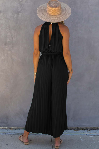 Halter Neck Pleated Wide Leg Jumpsuit With Belt | Black