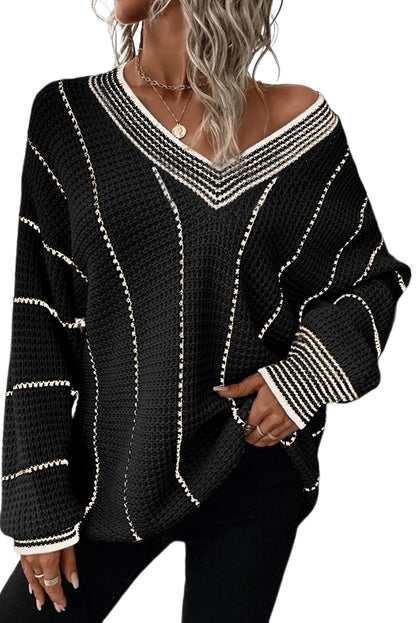 Colourblock Striped V Neck Knitted Loose Sweater | Black