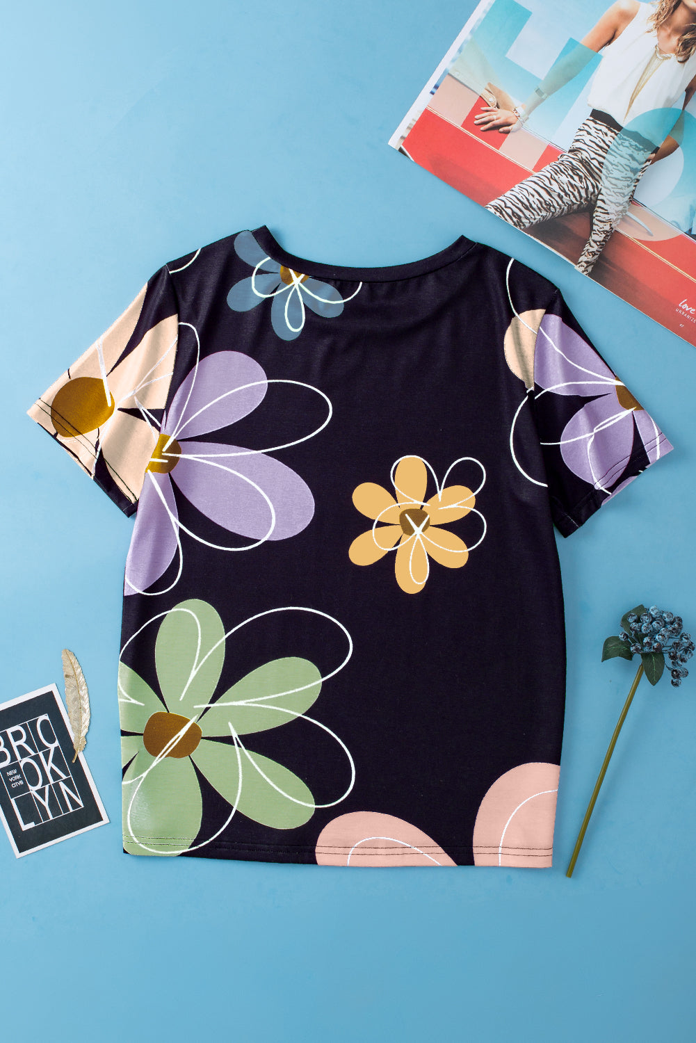 Summer Flower Print Casual Round Neck T Shirt | Black