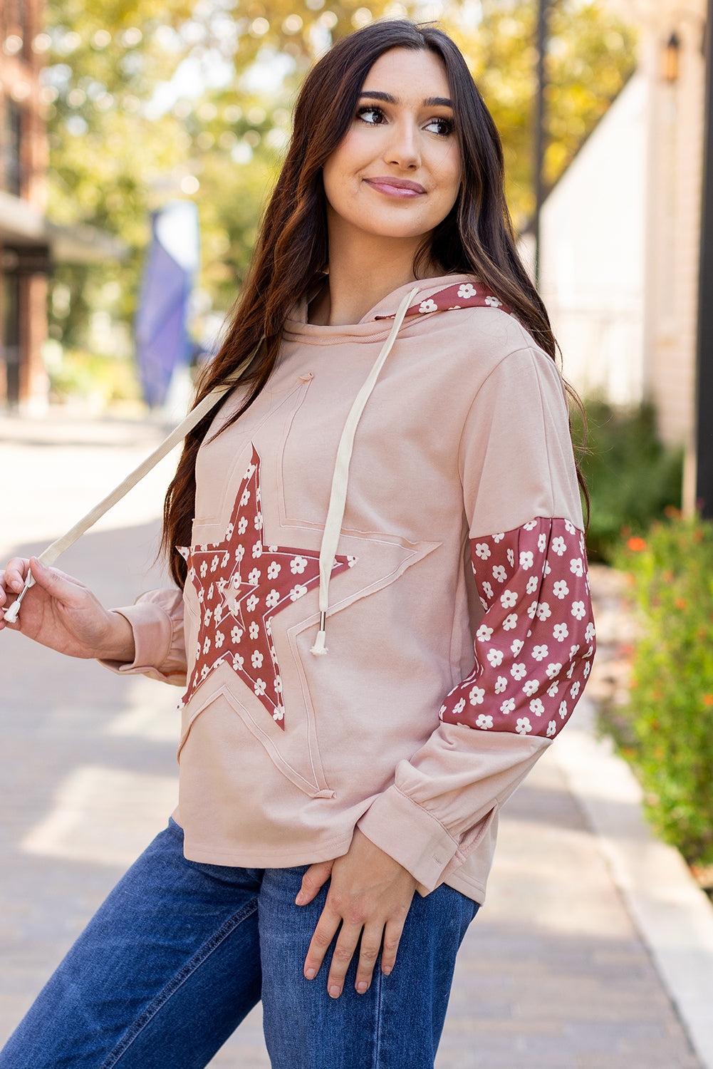 Floral Patchwork Star Pattern Drawstring Hoodie | Delicacy