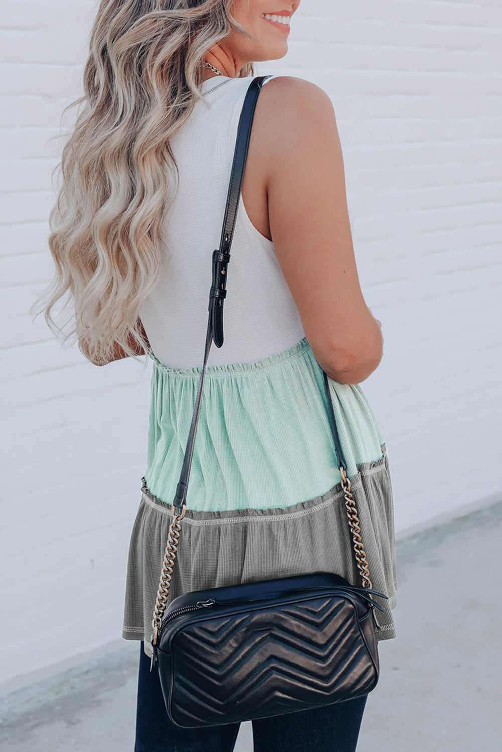 Ruffled V Neck Colour Block Tank Top | Green