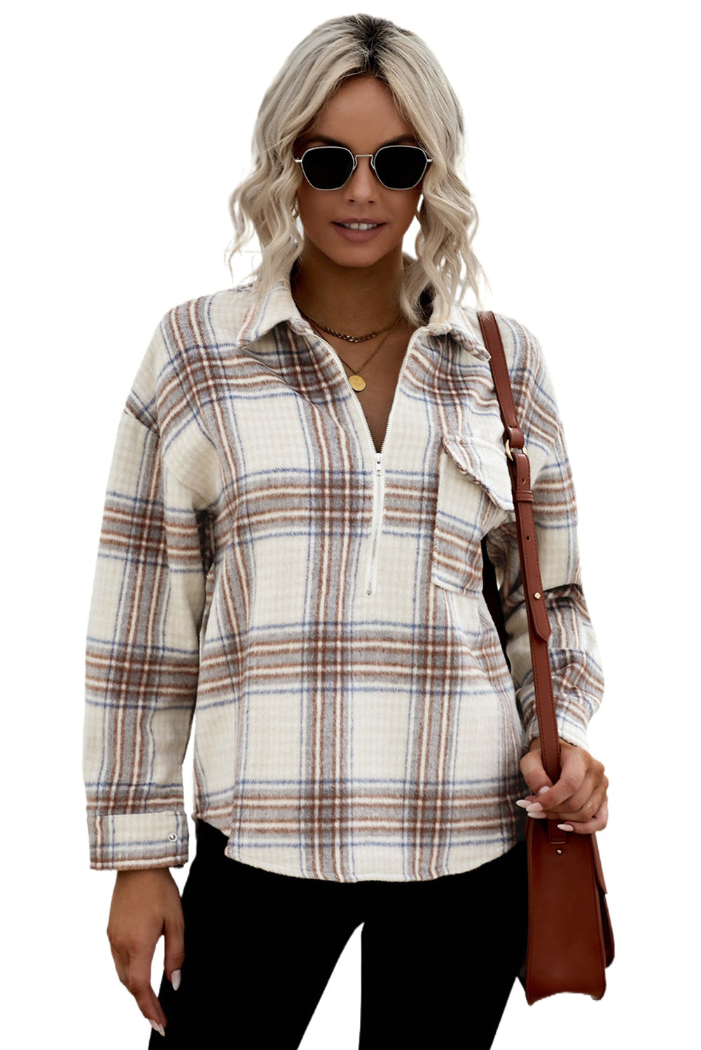 Chest Pocket Plaid Half Zip Sweatshirt | Apricot