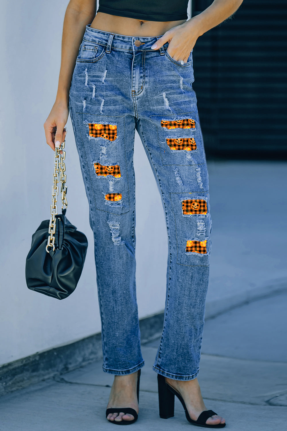 Distressed Checkered Pumpkin Face Patchwork Straight Jeans | Sky Blue