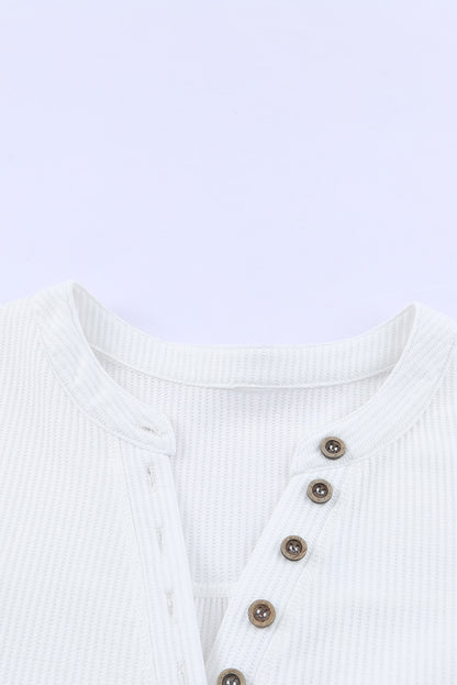 Waffle Knit Half Button Henley Top | White