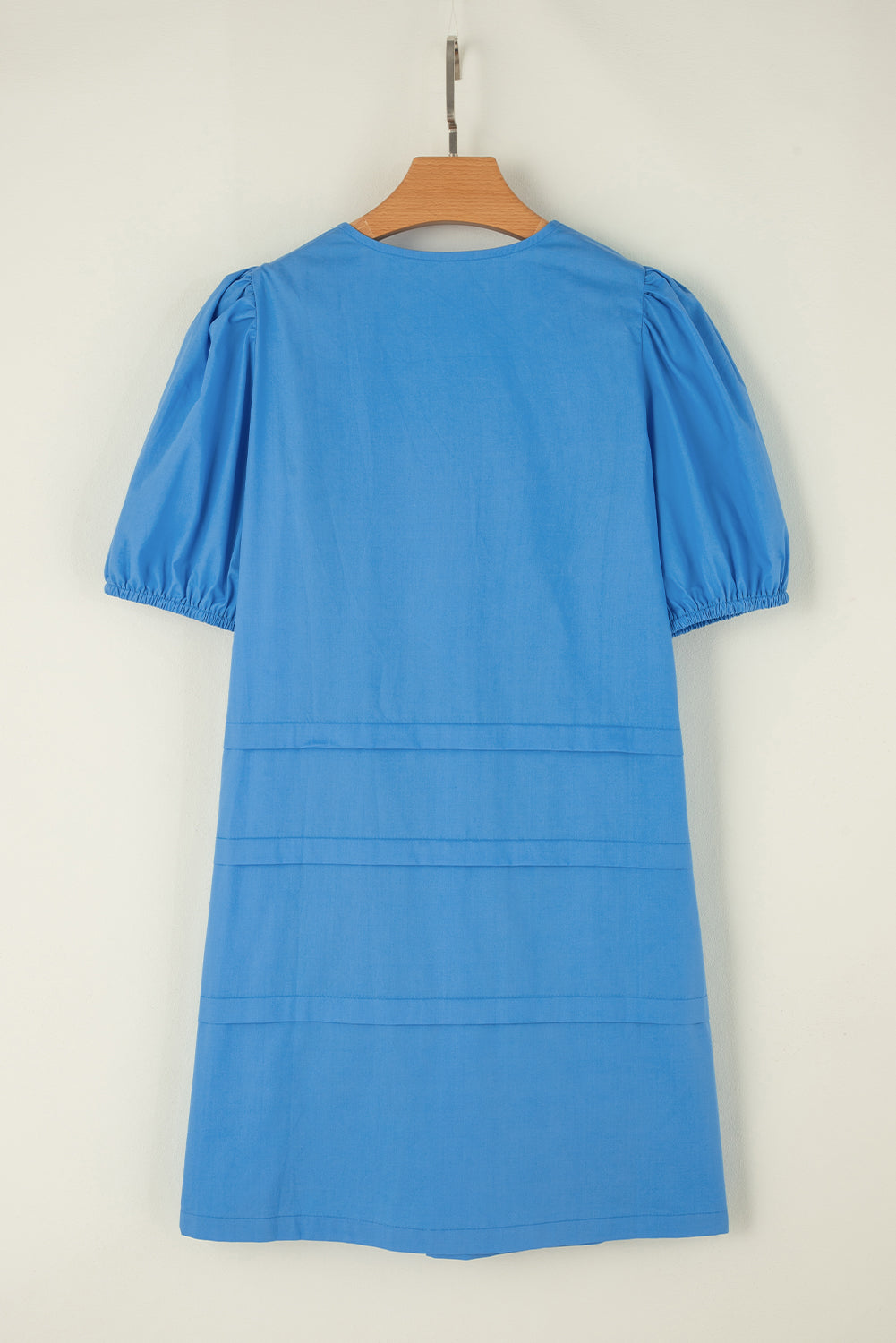 Solid Colour Pleated Puff Short Sleeve Shift Dress | Blue