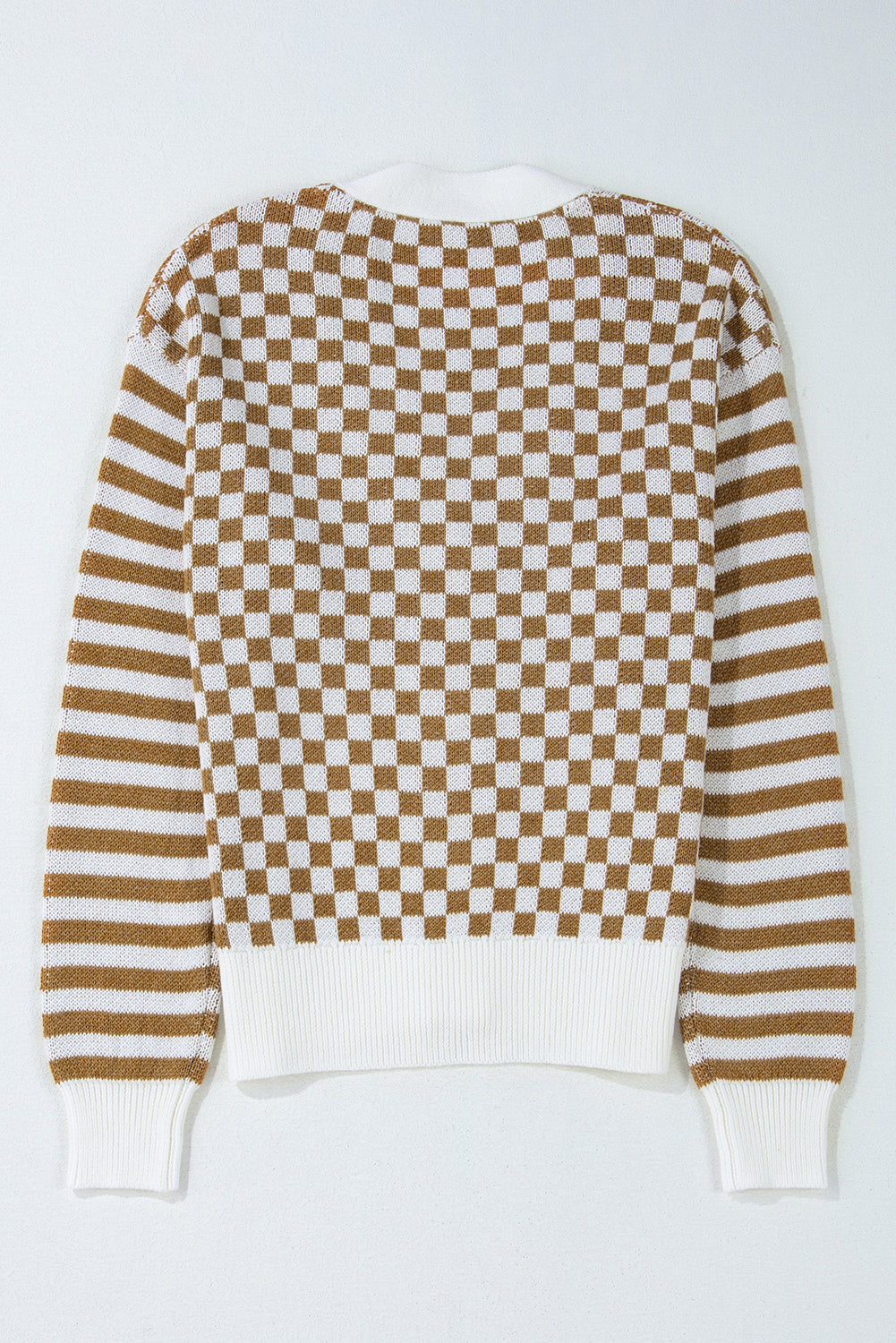 Checkered Striped Patched Buttoned V Neck Cardigan | Brown