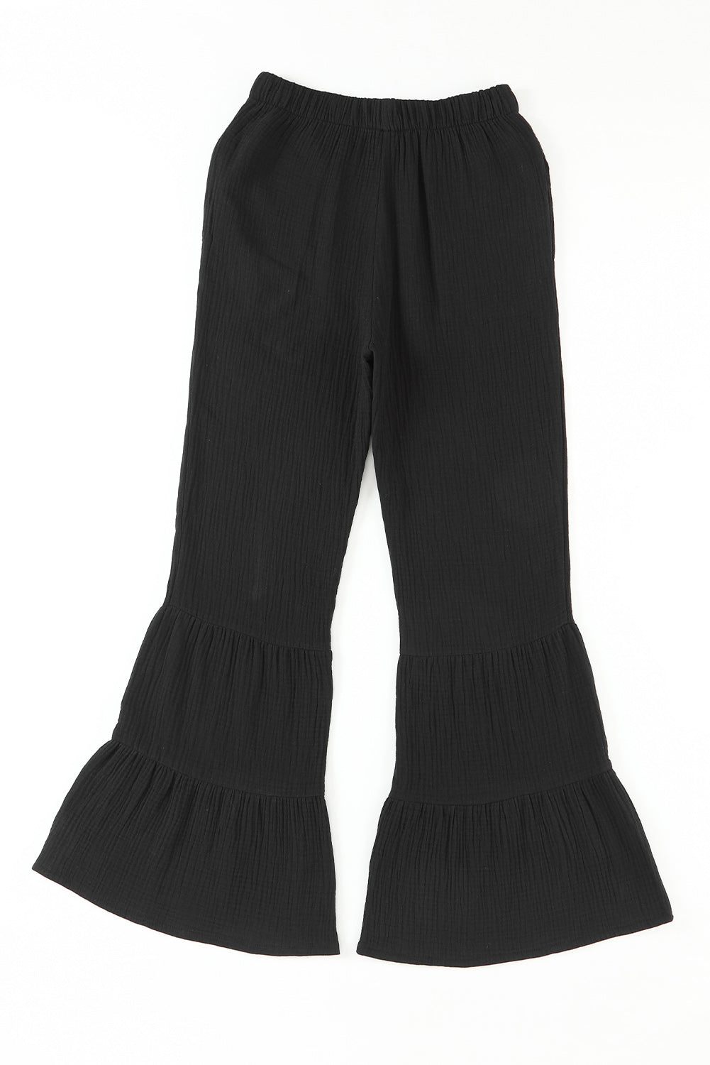 Textured High Waist Ruffled Bell Bottom Pants | Black