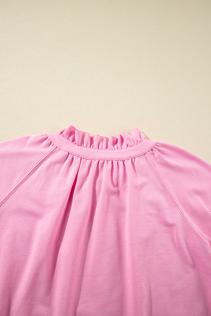 Half Zip Puff Sleeve Top And Ruffled Shorts Set | Pink