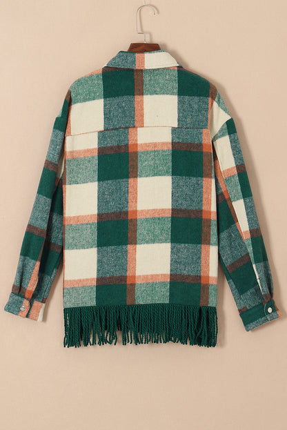 Plaid Snap Button Pocket Fringed Hem Jacket | Sea Green