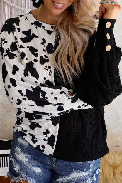 Cow Patchwork Waffle Knit Long Sleeve Top | Black