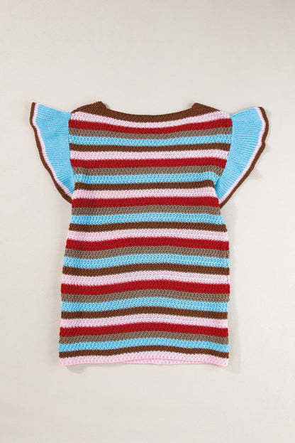 Striped Ruffled Sleeve V Neck Sweater | Multicolour