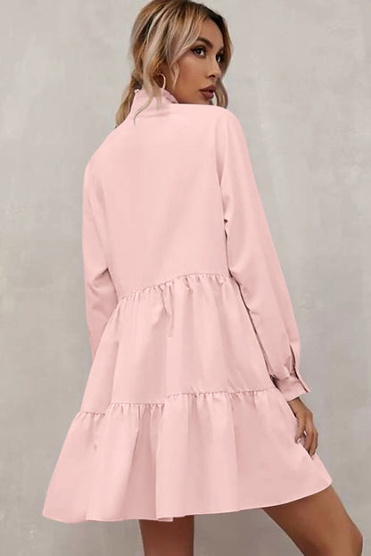 Frilled Stand Collar Long Sleeve Ruffle Dress | Pink