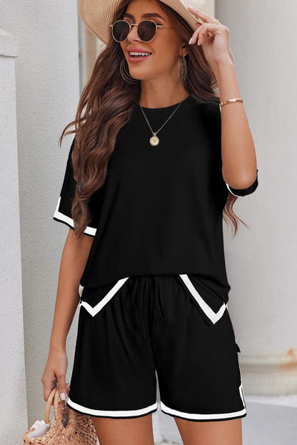 Contrast Trim Tee And Shorts Set | Black