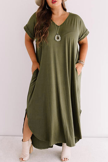 Plus Size V Neck Rolled Cuffs Maxi Dress | Green