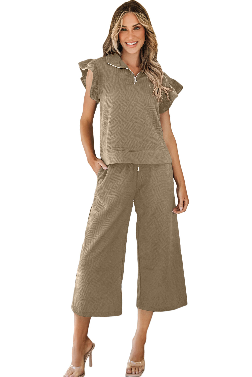 Textured Flutter Sleeve Top Wide Leg Pants Set | Pale Khaki