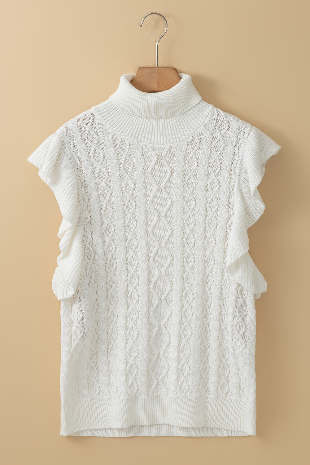 Turtle Neck Short Sleeve Cable Knit Ruffled Sweater | White