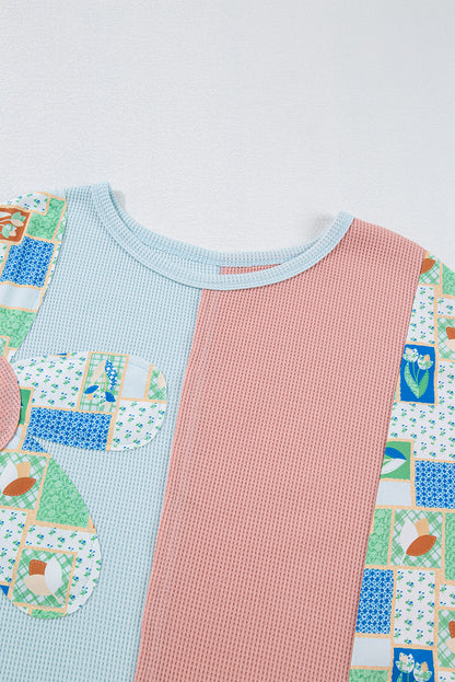 Floral Patchwork Waffle Colour Block Pullover Top | Rose Pink