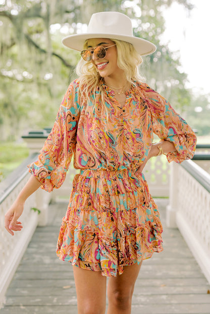 Paisley Print Frilled Mini Dress | Multicolour