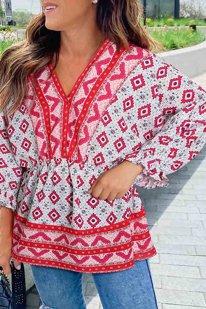 Fiery  Geometric Print 3/4 Sleeve V-Neck Shirred Waist Flared Blouse | Red