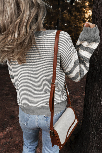 Geometric Textured Drop Shoulder Sweater | Gray Stripe