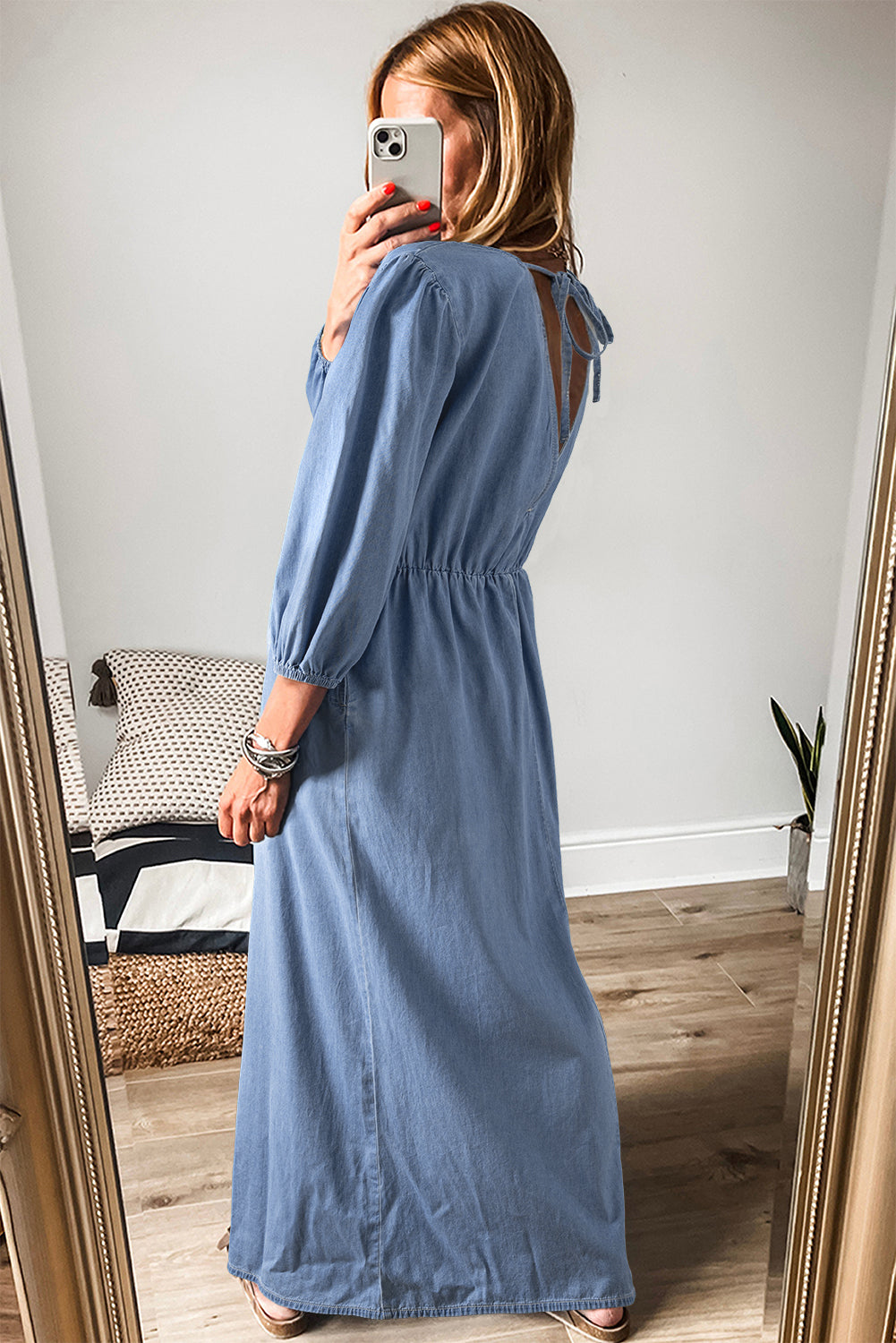 Chambray Deep V Neck Bracelet Sleeve Maxi Dress | Myosotis