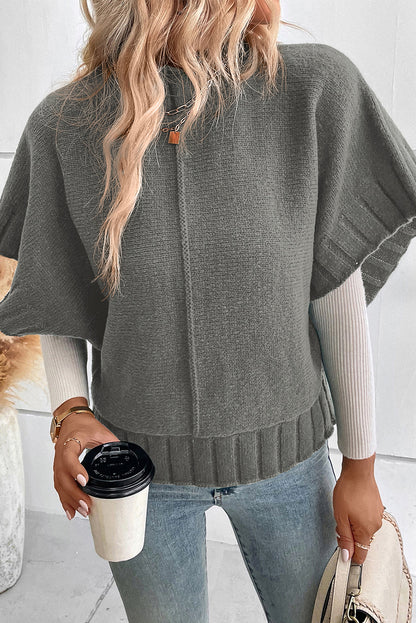 Mock Neck Batwing Short Sleeve Knit Sweater | Medium Grey