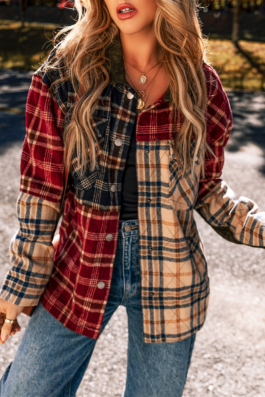 Mixed Plaid Patchwork Retro Shacket | Red