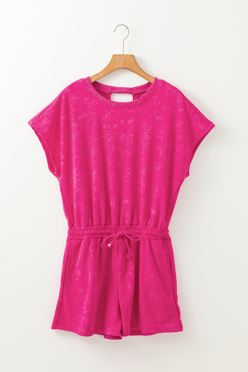 Mineral Wash Drawstring Waist Hollow Out Back Short Sleeve Romper | Rose Red