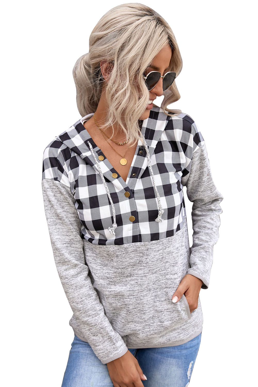 Plaid Splicing Pocketed Hoodie | Black