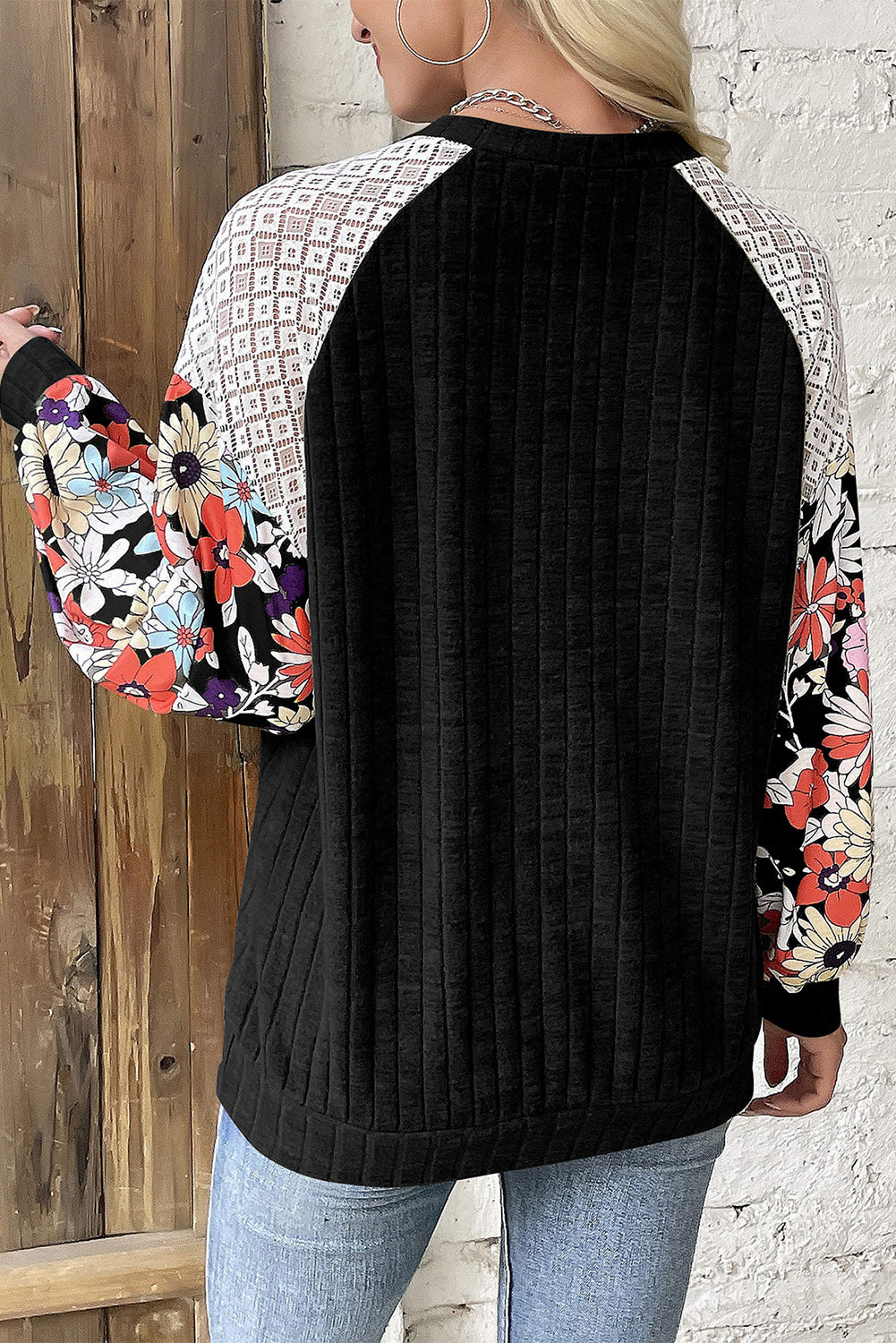 Floral Patchwork Long Sleeve Ribbed Blouse | Black