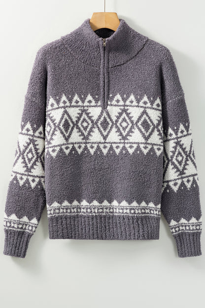 Western Geometric Printed Quarter Zip Pullover Sweater | Gray