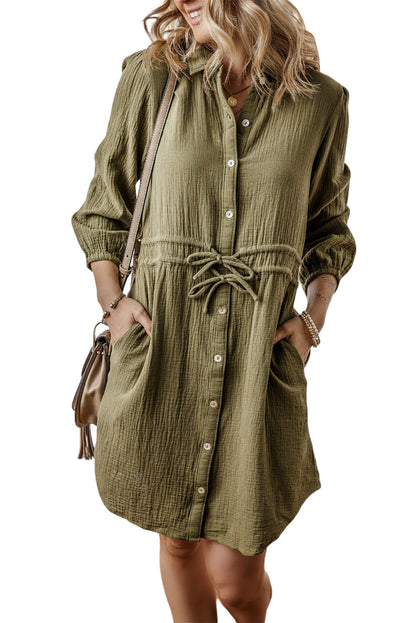 Textured Bracelet Sleeve Collared Button Up Dual Tied Mini Dress | Jungle Green