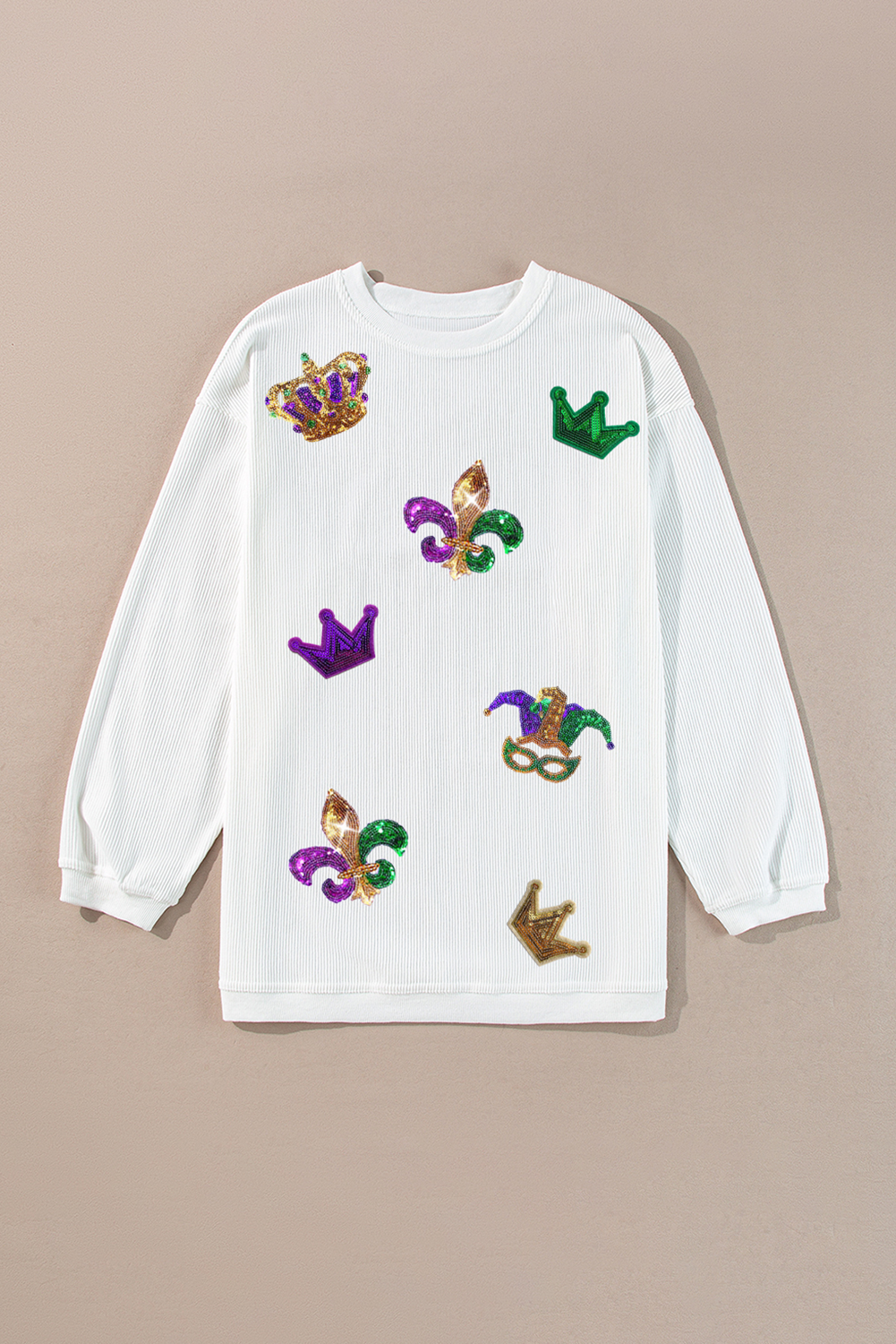 Sequin Mardi Gras Symbol Crown Mask Patched Corded Sweatshirt | White