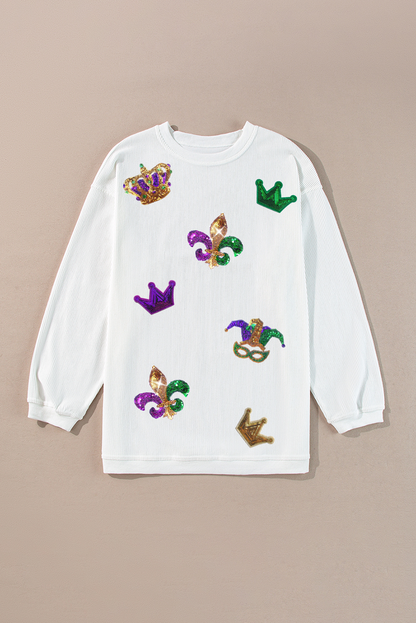 Sequin Mardi Gras Symbol Crown Mask Patched Corded Sweatshirt | White