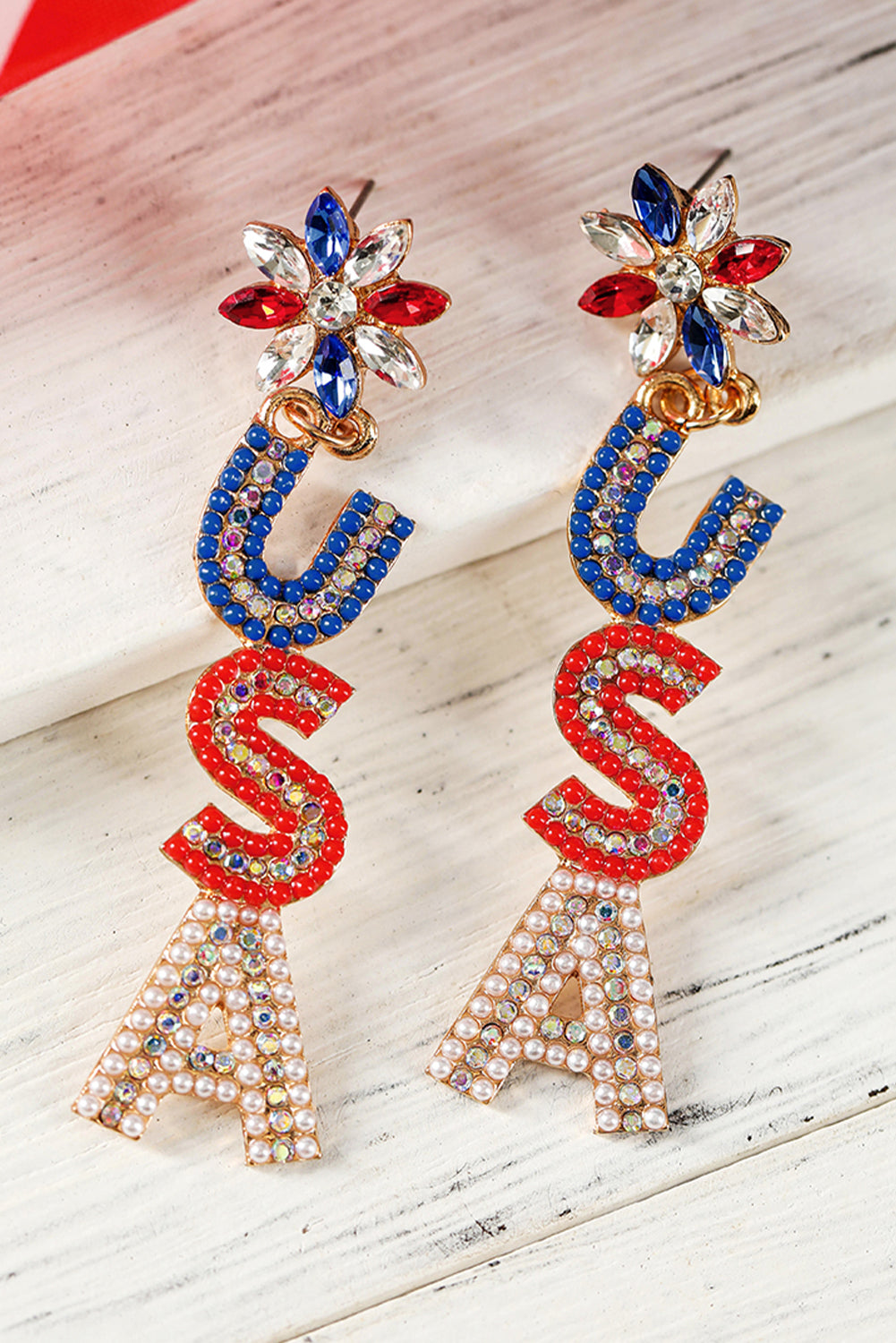 Fiery Red Beaded Rhinestone Colorblock USA Earrings