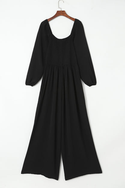 Smocked Square Neck Long Sleeve Wide Leg Jumpsuit | Black