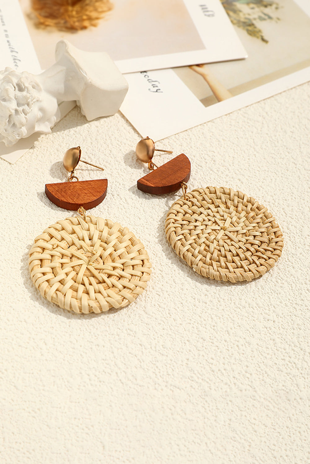 Wooden Woven Disc Dangle Earrings | Beige