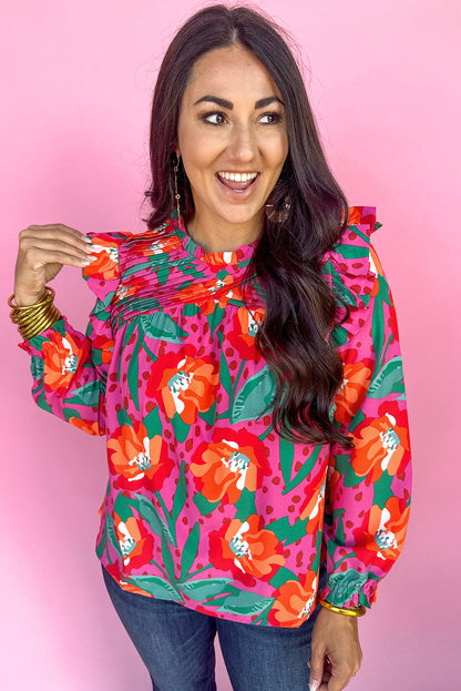 Floral Print Pleated Ruffled O Neck Plus Size Blouse | Rose